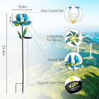 Huaxu Solar Outdoor Lights 35.4In Garden Decor Flower Wind Spinners,Waterproof LED Crackle Glass Globe Blue Lotus Art Metal Stake for Lawn Patio Pathway Yard Porch Driveway Decorations Gift