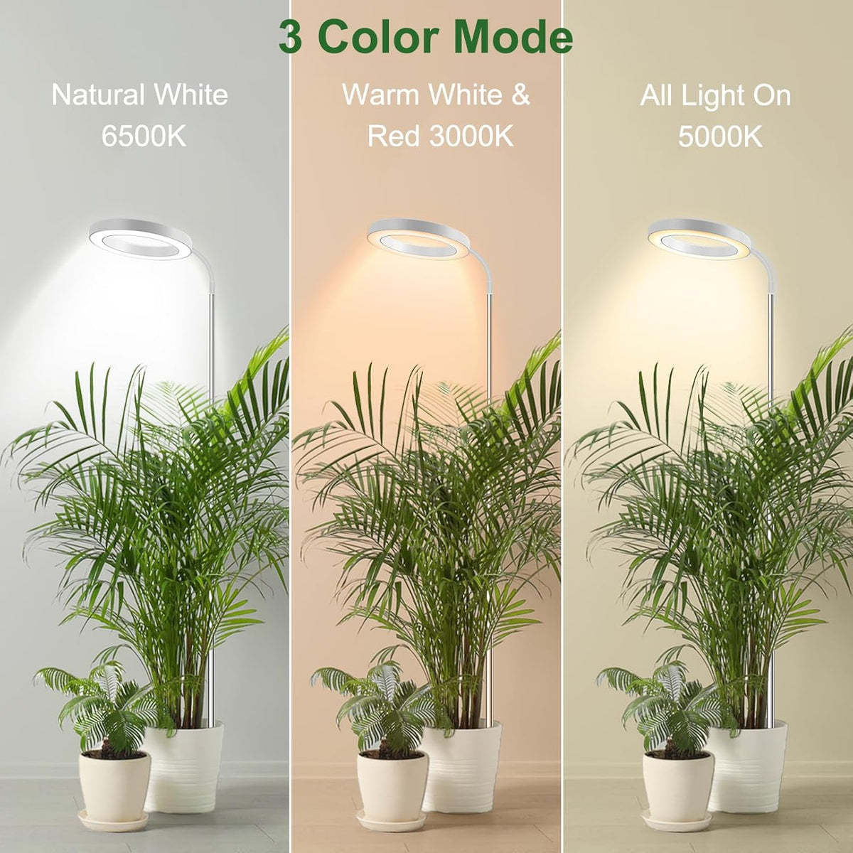 Wolezek Grow Lights for Indoor Plants Full Spectrum, 80 LEDs 3 Colors, 65in Large Plant Lights for Indoor Growing with 360°Gooseneck, 6/12/16H Timer, 5 Brightness, Height Adjustable, White 3 Pack