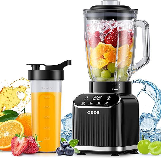 GDOR Professional Blender for Smoothies, 5 Functions, 1200 Peak Watts Smoothie Blender, 52 Oz Glass Jar & 24 Oz To-Go Cup Combo, Blenders for Smoothies, Ice and Frozen Fruit, Self-Cleaning