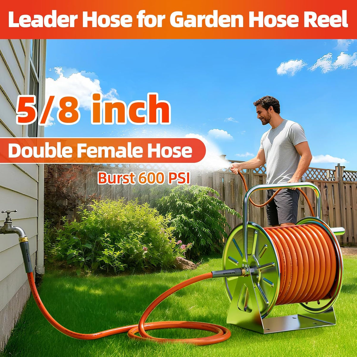 SPECILITE Garden Water Hose 10 ft x 5/8 in with Female to Female Connector, Small Leader Hose for Hose Reel, Heavy Duty, Flexible & Lightweight, Water Pipe, Outdoor Water Hose Extension Adapter
