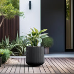 Kante 13.0" Dia Round Fluted Concrete Planter, Large Plant Pot with Drainage, Smooth Black Finish with Warm Brown Interior, for Indoor and Outdoor Use