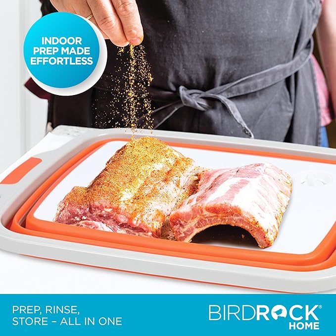BIRDROCK HOME Collapsible XL BBQ Prep Tub w/Cutting Board, Multi-Function Grill Caddy w/Colander & Lid, Portable Silicone Dish Bowl for Picnic, Tailgate, Camping - Orange