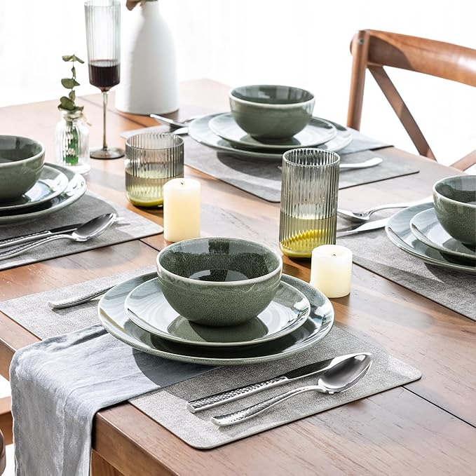 AmorArc Ceramic Dinnerware Sets for 6, 18 Pieces Handpainted Plates and Bowls Set, Scratch Resistant Stoneware Dishes Set, Dishwasher & Microwave Safe, Jade Green