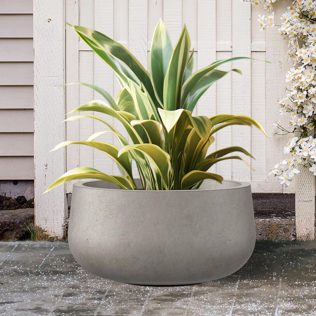 Kante 19.6" Dia Round Concrete Planter, Cement Plant Pots with Drainage Hole and Rubber Plug for Outdoor Indoor Garden Home, Modern Curvaceous Design, Weathered Concrete
