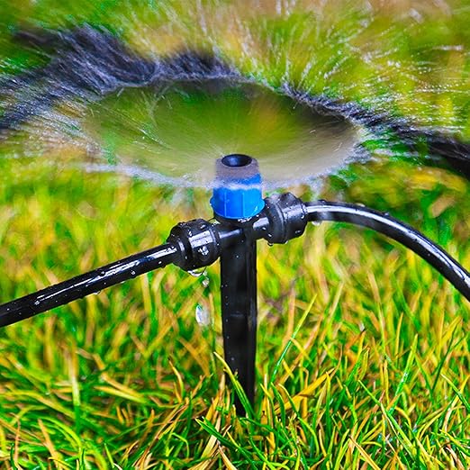 Push-to-Fit Drip Irrigation Vortex Emitters for 1/4" Drip Irrigation Tubing, 20 Pcs Adjustable 360 Degree Water Flow Fan Shape Drippers with Stake in-Line Drip System Emitter