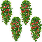 BLEUM CADE Artificial Hanging Flowers for Outdoors, 4pcs Fake Hanging Plants Pothos Vines with Red Flowers for Wall Home Living Room Indoor Outdoor Decor (No Baskets)