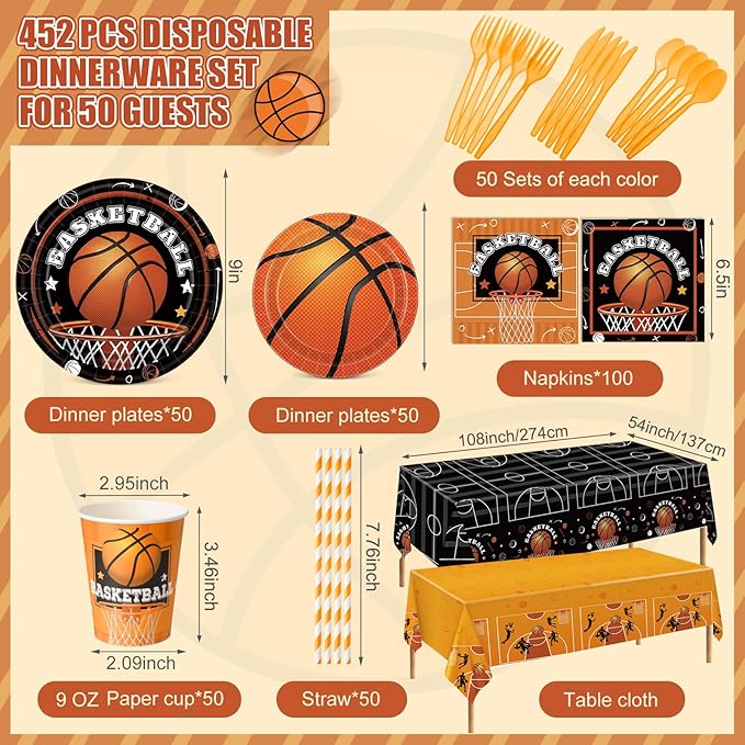 452 Pcs Basketball Party Decorations for 50, Basketball Paper Plates and Napkins Cups Tablecloth Cutlery Straws Disposable Tableware Set for Sports Themed Birthday Team Party Supplies