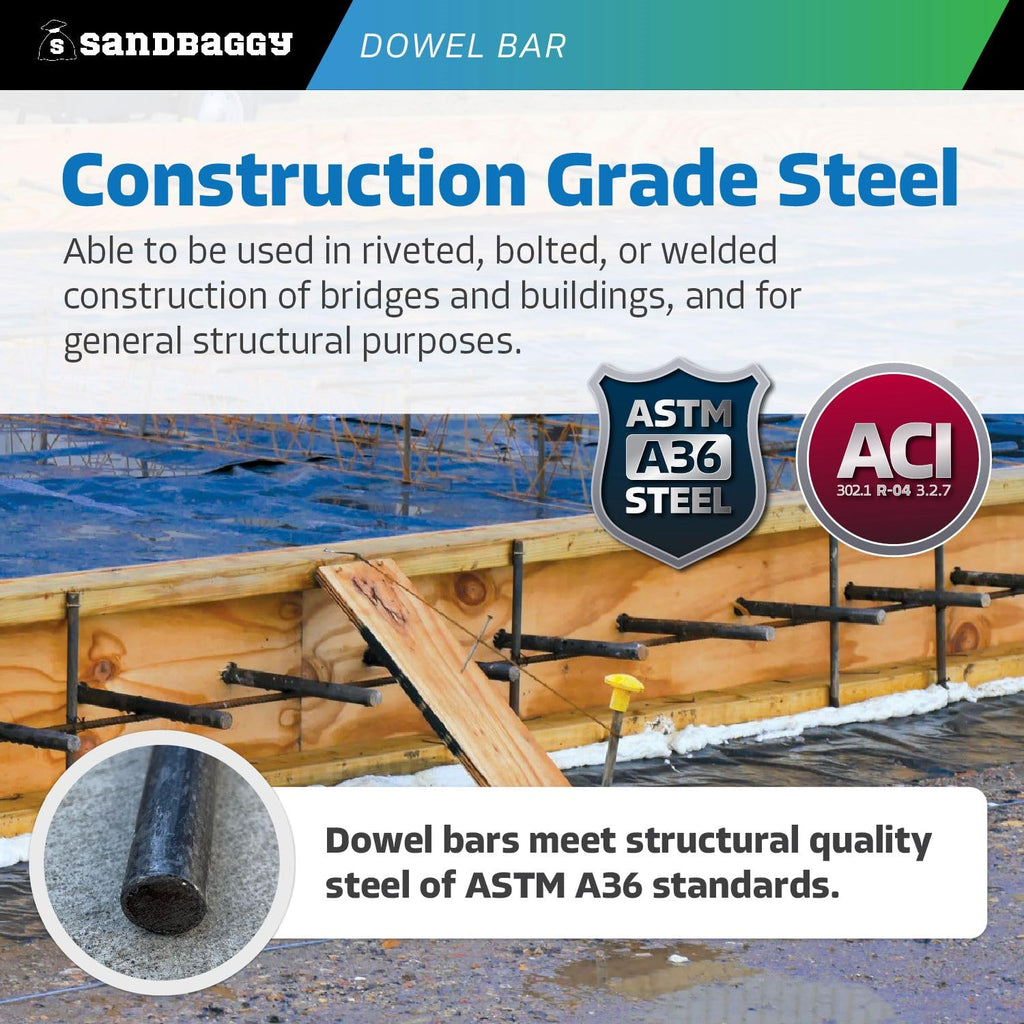 Sandbaggy Smooth Concrete Dowel Bar (1/2" W x 18" L) - Saw Cut Ends - Plain Grade 60 Steel - Construction Grade for Concrete Projects (120, Count)