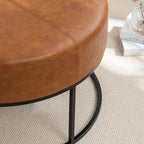 Modern Round Coffee Table, Farmhouse Ottoman for Living Room, Large Vintage Leather Coffee Tables with Leather Upholstered Padded Seat [Round, Vintage Brown, 30'']