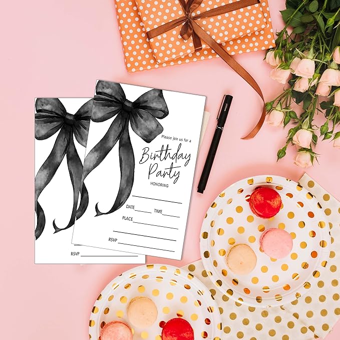 SIXEIGHT Black Bow Birthday Invitations, Black Ribbon Bow Birthday Party Invitations, 20 Party Invitations with Envelopes for Girls Boys, Birthday Party Favor & Decoration (4"x6")-A02