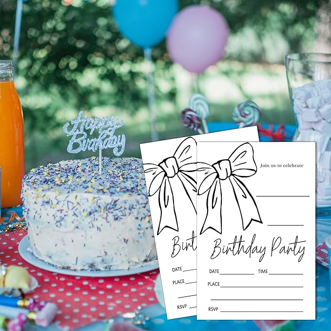 SIXEIGHT Black Bow Birthday Decorations, Black Ribbon Bow Birthday Party Invitations, 20 Party Invitations with Envelopes for Girls Boys, Bows Decorations Supplies, 4"x6"-A10