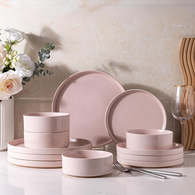 AmorArc Ceramic Dinnerware Set for 4 | Speckled Stoneware Plates and Bowls with unglazed terracotta | Scratch Resistant, Dishwasher & Microwave Safe Dishes Sets- 12-Pcs Pink