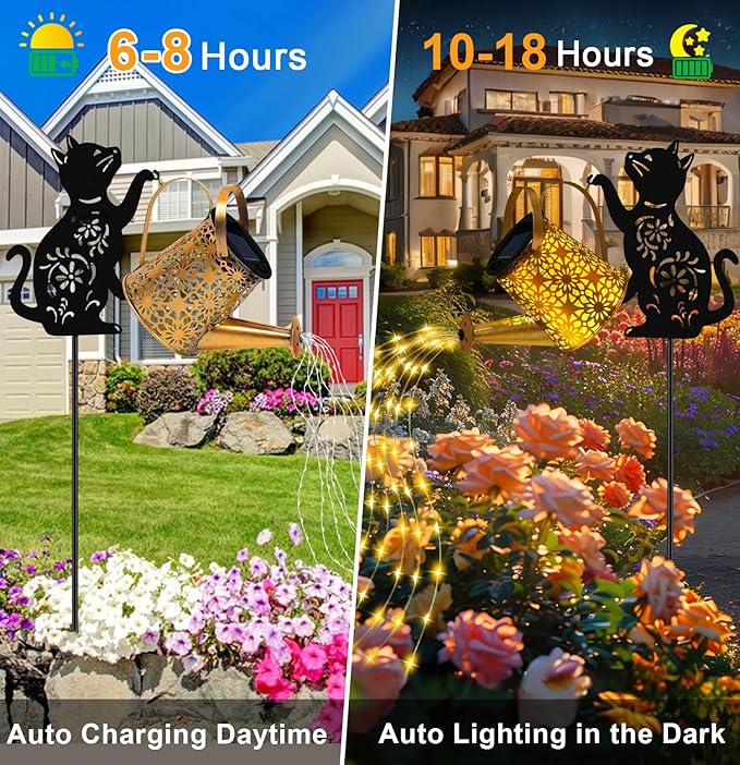 Solar Lights Outdoor Decorative, Watering Can with Cascading Lights, with Cat Silhouette Garden Stakes, Waterproof Metal Garden Decor for Yard Art, Outside, Patio, Lawn Ornaments