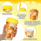 Yungyan 16 Sets Honey Bee Party Favors Goodie Cups with Lids and Straws for Birthday Decorations Reusable 16oz Plastic Candy Cups Plastic Straws for Birthday Party(Bee)