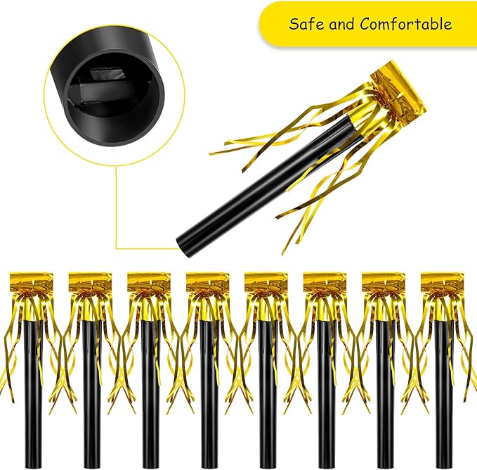 Skylety 18 Pcs Party Blower Noisemakers Party Squawkers Blowouts Whistles Fringed Noise Maker Musical Blowouts for Birthday Supplies(Black and Gold)