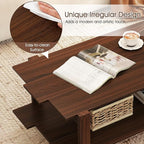 GOFLAME Wood Coffee Table with Storage, 2-Tier Irregular Center Table with Open Storage Shelf, Modern Accent Tea Table for Living Room, Home Office, Reception Room (Walnut)