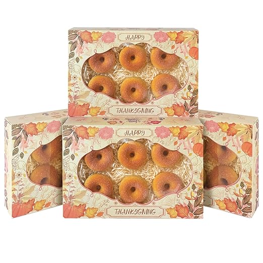 qiqee Thanksgiving Cookie Box with Window 12x8x2.5 inch 32 Packs Two Uses One Second Folding Pastry Biscuit Retro Leaves Bakery Box for Packaging Auto-pop up