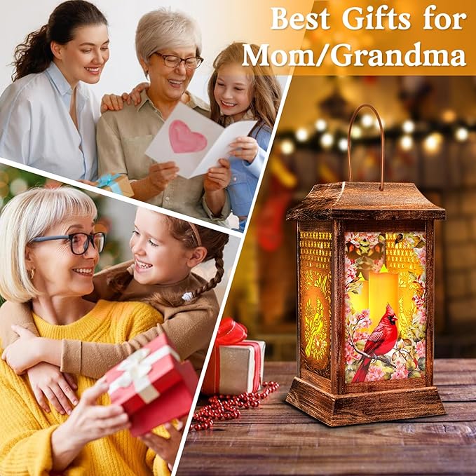 Cardinal Solar Lanterns Outdoor Waterproof, Metal & Glass Hanging Lights Garden Decor, Birthday Gifts for Women Mom Grandma Mothers Day, Decorative Lights for Outside Yard Patio Backyard Porch