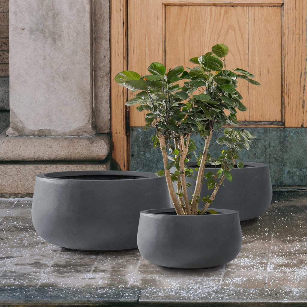 Kante 19.6",15.7",11.8" Dia Round Concrete Planters Set of 3, Outdoor Indoor Garden Plant Pots with Drainage Hole and Rubber Plug, Modern Curvaceous Design, Charcoal