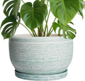 SQOWL Ceramic Pots for Plants - 10 Inch Ceramic Planter for Indoor Outdoor, Modern Round Flower Pot with Drainage Hole and Saucer, Large Planter, Home Office Decor, Gifts for Plant Lovers, Green