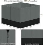 Gazebo Privacy Curtains 11' x 13' with Zipper 4-Panels Side Wall Universal Replacement for Patio, Outdoor Canopy, Garden and Backyard Gray and Black (Curtain Only)