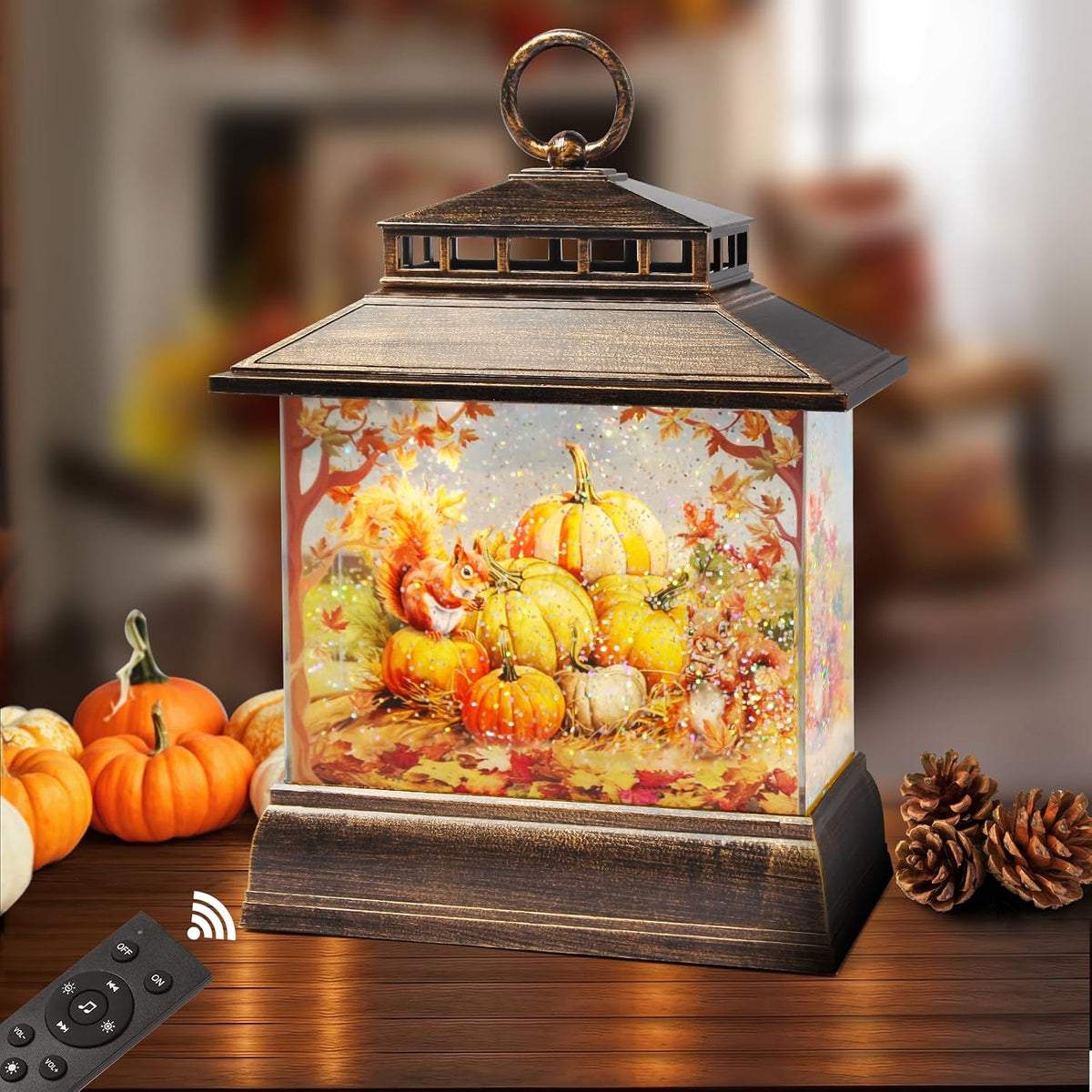 Fall Snow Globe Lantern Thanksgiving Pumpkins and Squirrels Water Lantern with Swirling Glitter 6H Timer Remote Control Fall Decorations for Home Thanksgiving Autumn Harvest (Pumpkin and Squirrel)