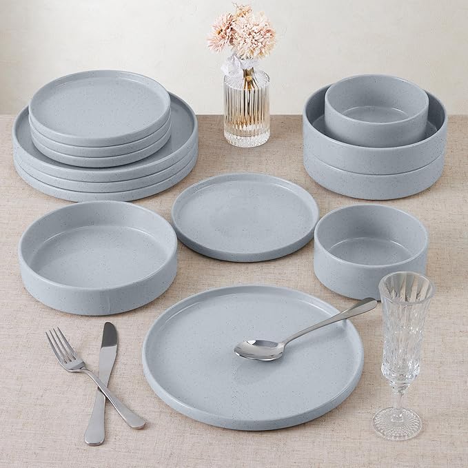 E-far Dinnerware Sets for 8, 24-Piece Stoneware Plates and Bowls Dish Set, Modern Kitchen Dinning Dishware, Chip and Scratch Resistant, Microwave & Dishwasher Safe, Speckled Gray