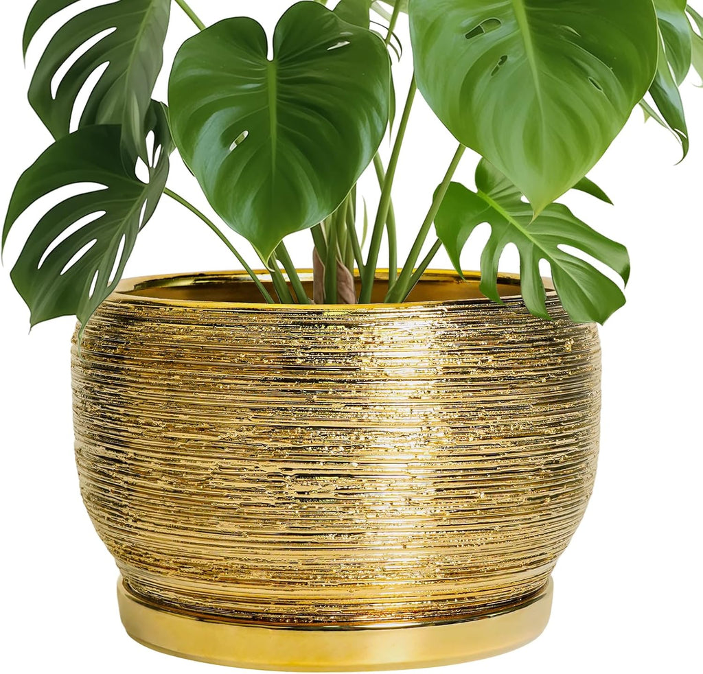 SQOWL Ceramic Planter for Indoor Plants - 10 Inch Plant Pot with Drainage Hole and Saucer, Modern Round Planter Outdoor, Large Decorative Flower Pot, Apartment Decor, Birthday Gifts, Gold