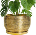 SQOWL Ceramic Planter for Indoor Plants - 10 Inch Plant Pot with Drainage Hole and Saucer, Modern Round Planter Outdoor, Large Decorative Flower Pot, Apartment Decor, Birthday Gifts, Gold