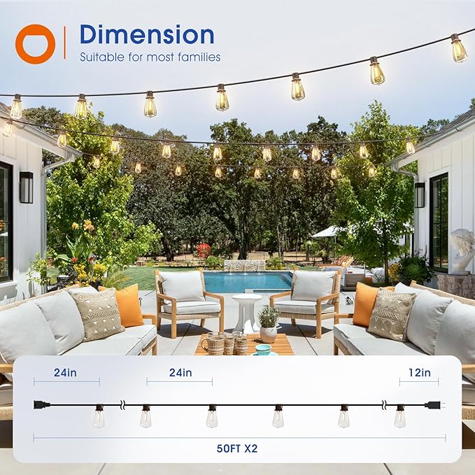 addlon 100FT(50FT*2) LED Outdoor String Lights Waterproof Patio Lights with 54 Shatterproof ST38 Replaceable Bulbs(4 Spare), Dimmable Outside Hanging Lights Connectable for Porch, Backyard, 2200K