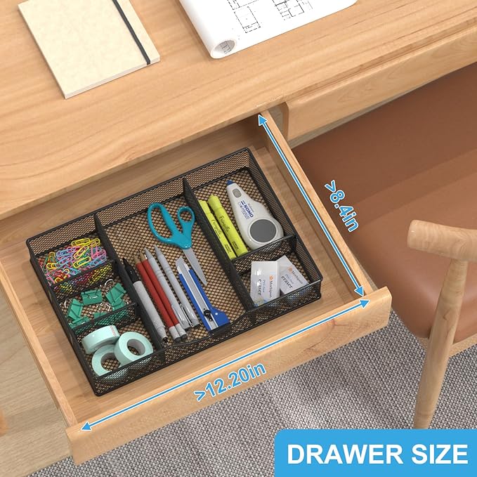 Desk Drawer Organizer Tray, Metal Mesh Drawer Organizers Office, 6 Adjustable Compartment, Desk Organizer Tray for Home Office 12 x 8.26 x 1.96 inch, Black, 1 Pack