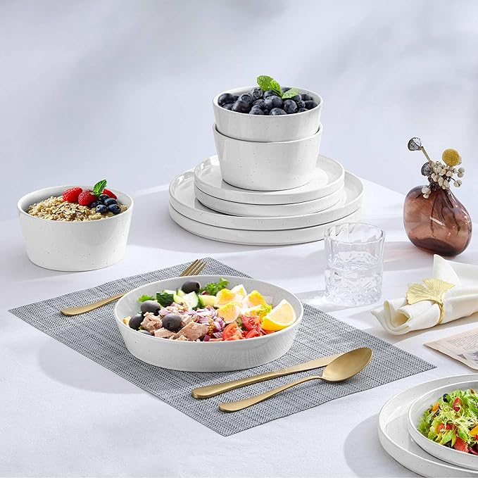Herogo Dinnerware Sets with Pasta Bowls for 4, 16 Piece Dinner Salad Plates and Cereal Serving Bowls, Double Reactive Glaze, Microwave & Dishwasher Safe, Chip & Scratch Resistant, Speckled White