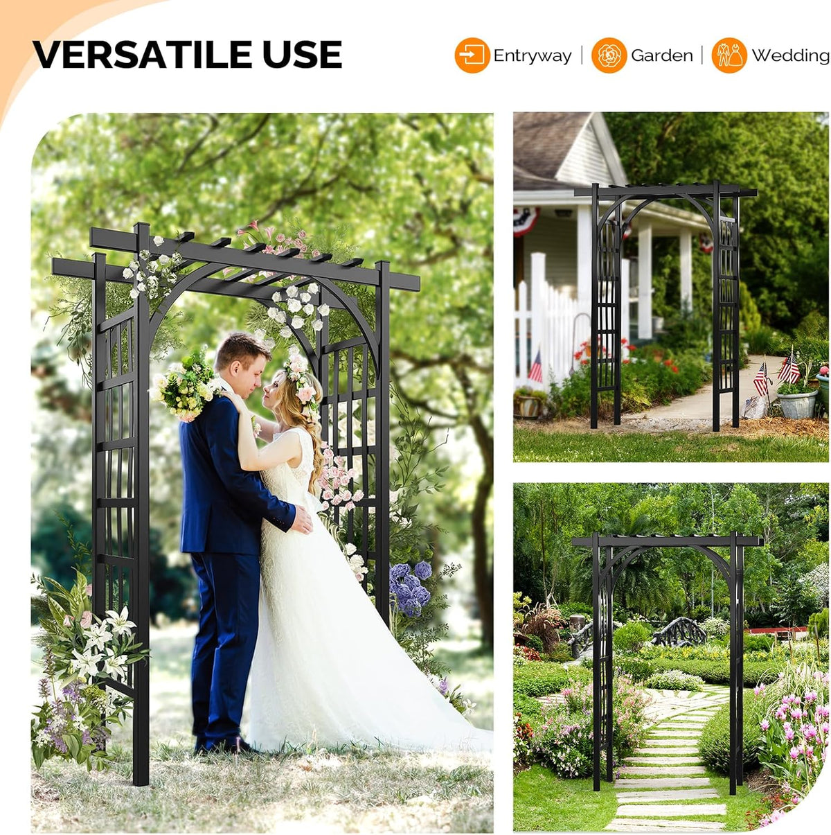 VINGLI Garden Arbor, PVC Wedding Arch for Ceremony Party, Garden Trellis for Climbing Plants Outdoor, Arch Backdrop Stand for Garden, Backyard, Wedding, Lawn (Black)