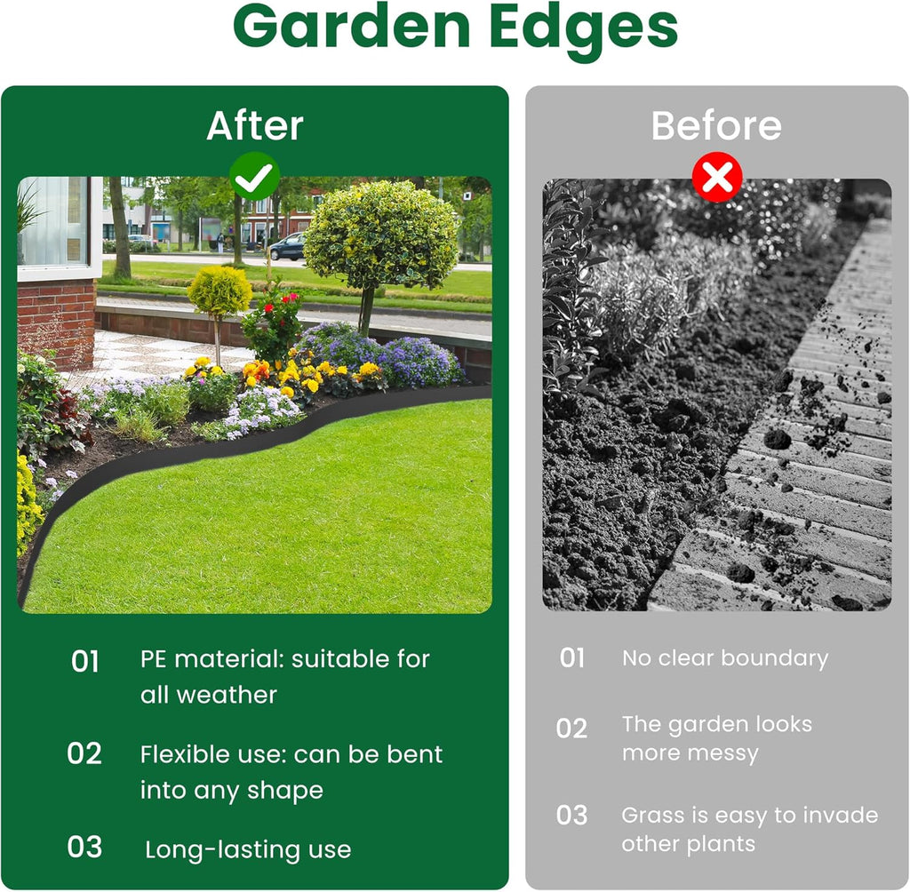 Landscape Edging, 33' 4" Tall Garden Edging with Scissors, Lawn Edging with 30 Garden Spikes and 2 Connectors, Heavy Duty PP&PE Material Edging for Landscaping, Garden, Lawn, Black