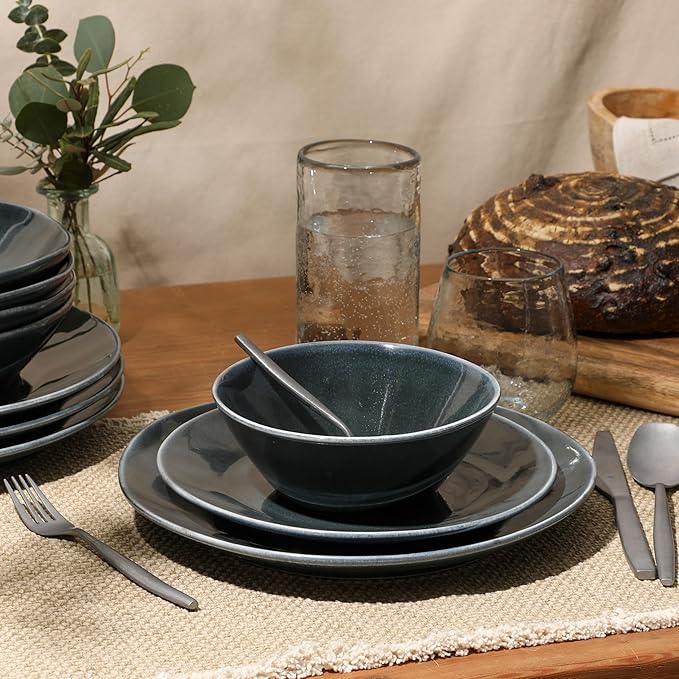 Bloomhouse Montecito Breeze 16 Piece (Service for 4) Double Plates and Bowls Stoneware Reactive Glaze Dinnerware Set - Laguna Dawn
