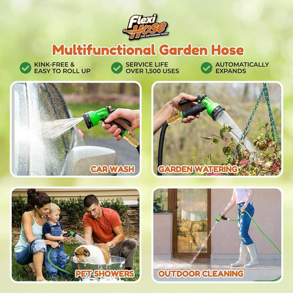 Flexi Hose Plus Expandable Garden Hose with 8 Function Nozzle, 25FT - Lightweight Retractable Garden Hose, Water Hose - No-Kink Flexibility, 3/4 Inch Solid Brass Fittings Includes Hook & Bag