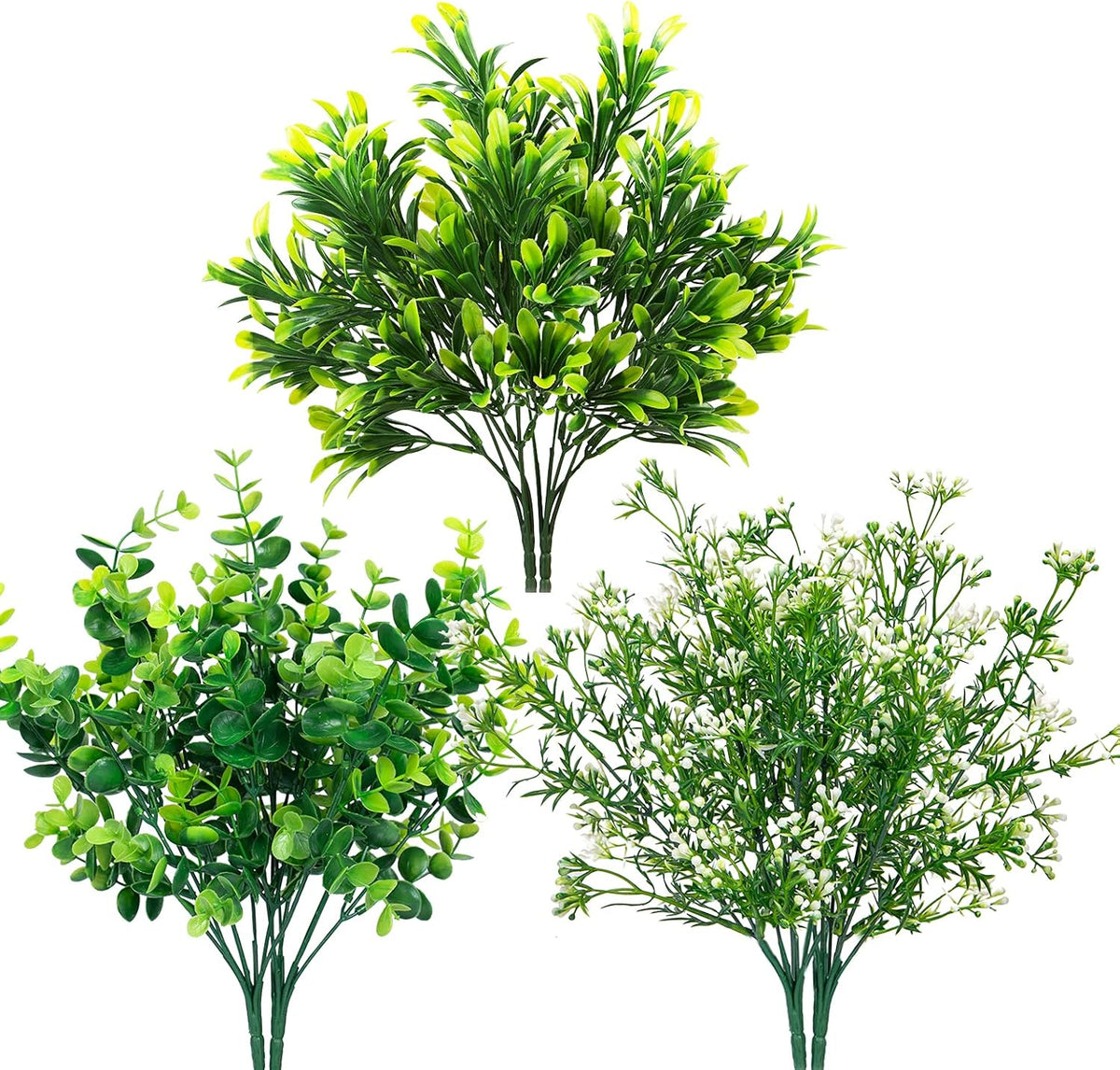 Ouddy Decor 6 Bundles Artificial Greenery Stems Mixed Fake Plants Eucalyptus Stems Babys Breath Faux Plastic Artificial Plants & Flowers for Outdoor Indoor Garden Home Window Box Decor