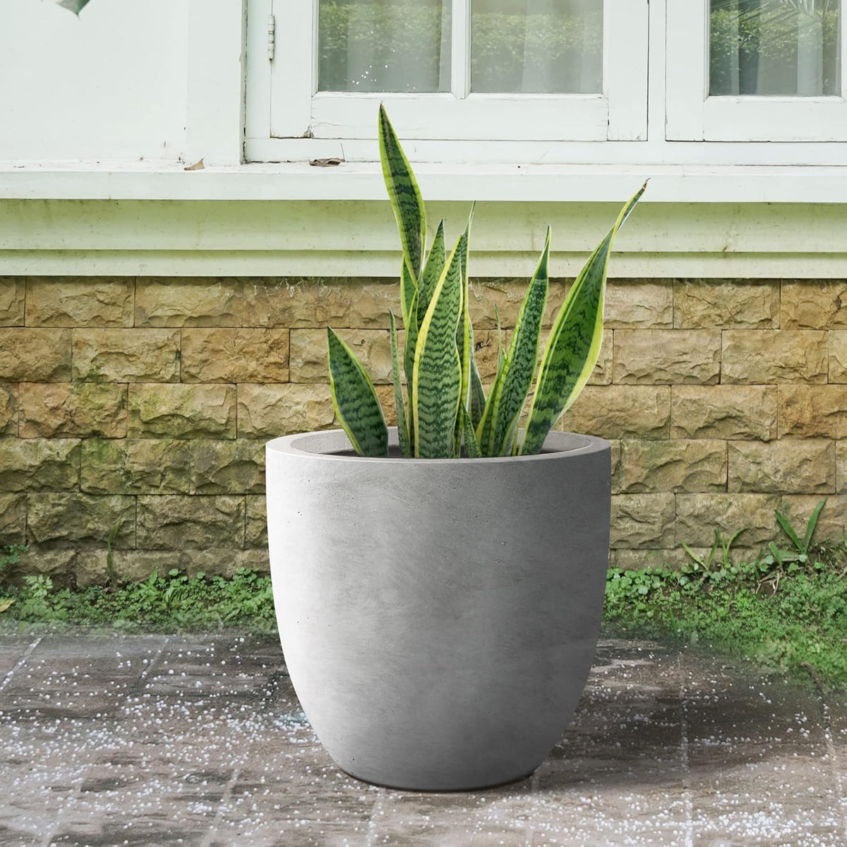 Kante 18 Inch Dia Round Concrete Planter, Indoor Outdoor Large Plant Pot with Drainage Hole and Rubber Plug for Home Patio Garden, Natural Concrete
