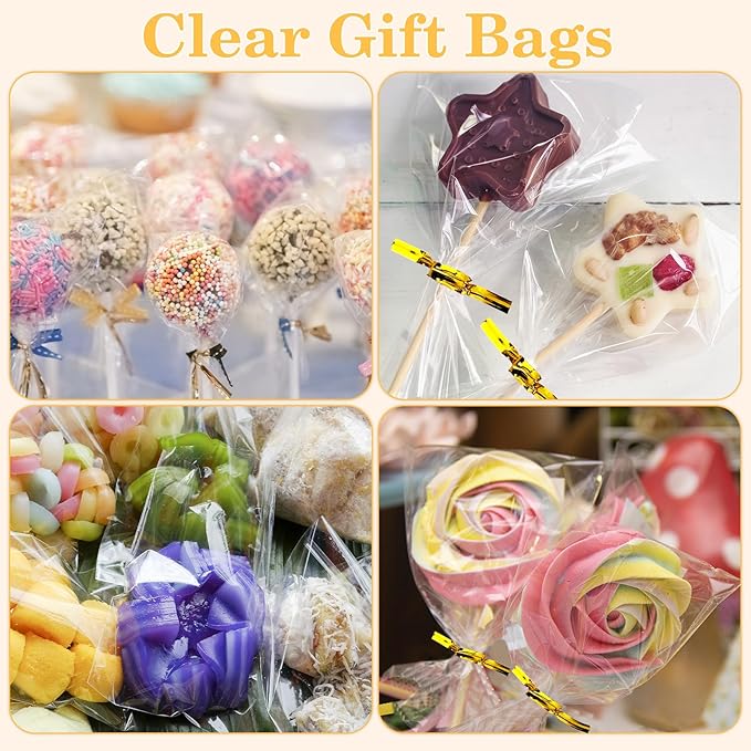 Cidenbio 100 PCS Cellophane Treat Bags, 3x5 In Clear Cellophane Gift Bags with Twist Ties Plastic Goodie Bag for Party Favor Cookie Candy Popcorn Bakery Chocolate Gift Wrapping