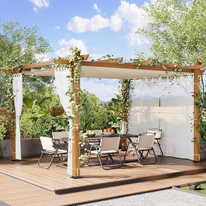 10x13 Ft Outdoor Aluminum Pergola, Upgraded Faux Wood Grain Retractable Pergola with Adjustable Roof & Side Mesh Screen, Modern Metal Patio Gazebo for Deck, Backyard, Porch, Vineyards, Beige + White