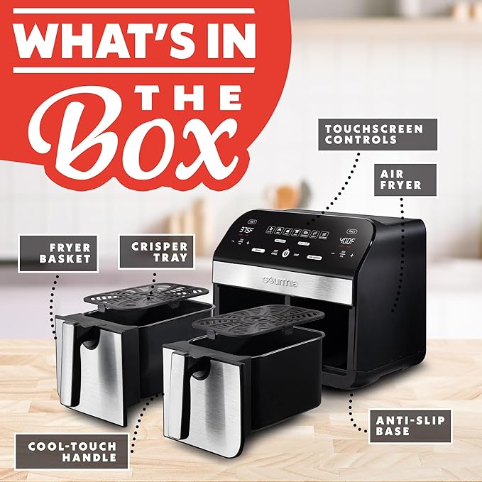 Gourmia Dual Basket Digital Air Fryer – 10 QT, FryForce 360° Technology, 7 Presets, Match Cook & Smart Finish, PTOA-Free Baskets & Crisper Trays, 1600W, Black