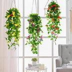 BLEUM CADE Artificial Hanging Flowers for Outdoors, 4pcs Fake Hanging Plants Pothos Vines with Red Flowers for Wall Home Living Room Indoor Outdoor Decor (No Baskets)