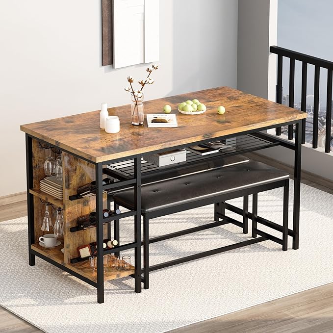 AWQM Space Saving Dining Table Set for 2-4 People, 53" Kitchen Table with 2 Upholstered Bench, Dinner Table with Wine Rack Glass Holder and Storage Shelf, 3-Piece Dinette Table for Small Apartment