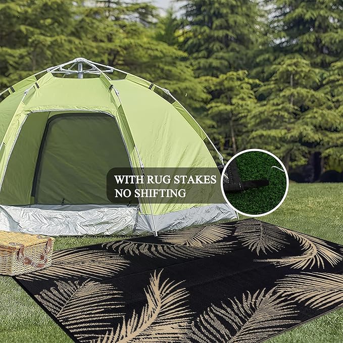Pauwer Waterproof Outdoor Rug 6x9, Reversible Plastic Straw Patio Camping Rug, Indoor Outdoor RV Mat Carpet for Deck, Camper, Porch, Balcony, Backyard, Picnic, Leaf Black Brown