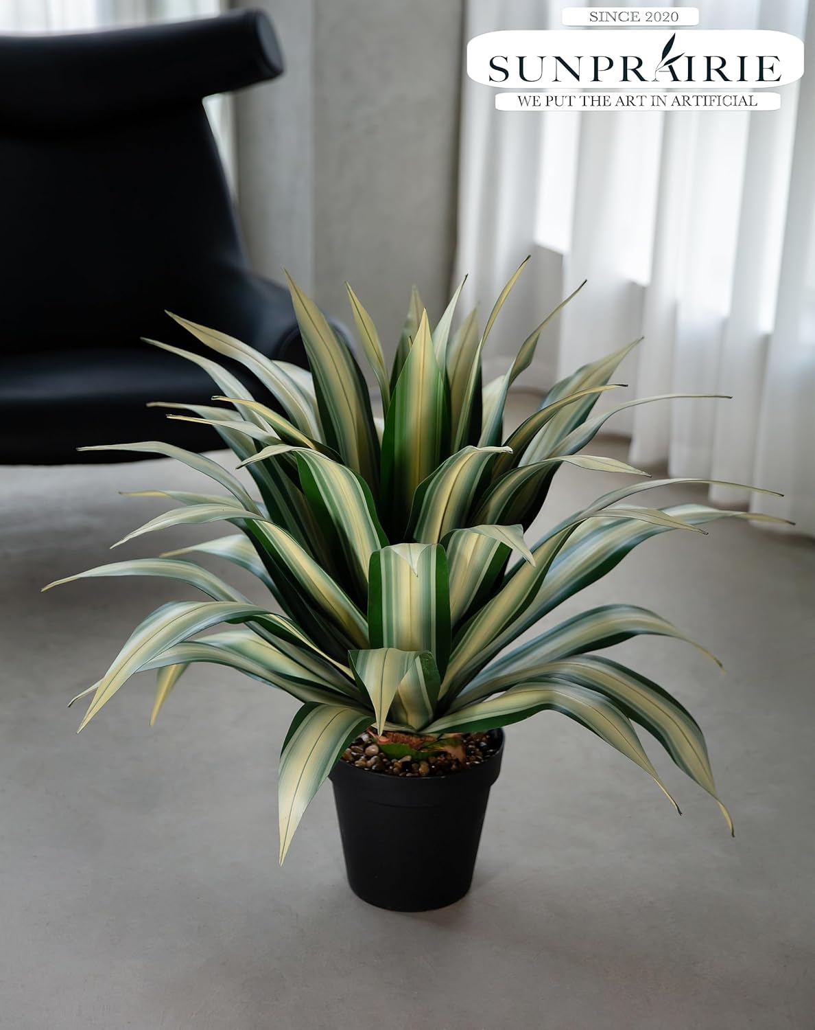 SUNPRAIRIE Life-Like Extra Large 34 Inch Tall Artificial Agave Plant. Cream Leaves with Textured Dark Green Stripes. UV Resistant Faux Plants. Outdoor and Indoor Large Artificial Plants.