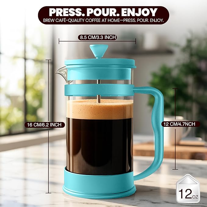 Utopia Kitchen French Press Espresso and Tea Maker with Triple Filters, Stainless Steel Plunger and Heat Resistant Borosilicate Glass (Aqua, 12-oz (Pack of 1))