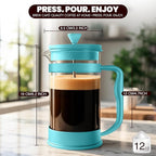 Utopia Kitchen French Press Espresso and Tea Maker with Triple Filters, Stainless Steel Plunger and Heat Resistant Borosilicate Glass (Aqua, 12-oz (Pack of 1))