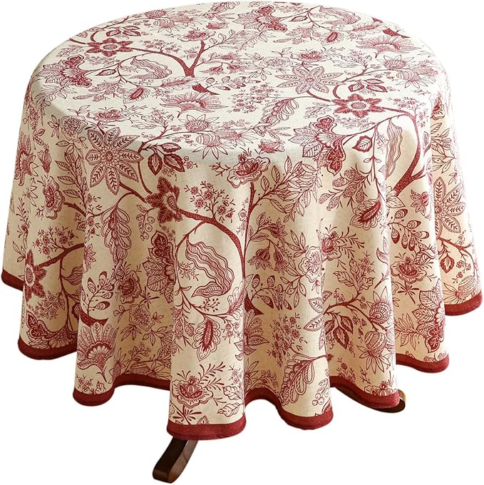 ISAENNE Designer French Linen Small Round Tablecloth,Red Floral Washable Indoor Table Cloth,Durable Home Decor Tablecloths for Dining Thanksgiving Kitchen Party Christmas,Diameter 55"-Ruyi A