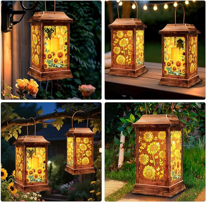 Sunflower Solar Lanterns Outdoor Waterproof, Metal & Glass Hanging Lights Garden Decor, Birthday Gifts for Women Mom Grandma Mothers Day, Decorative Lights for Outside Yard Patio Backyard Porch