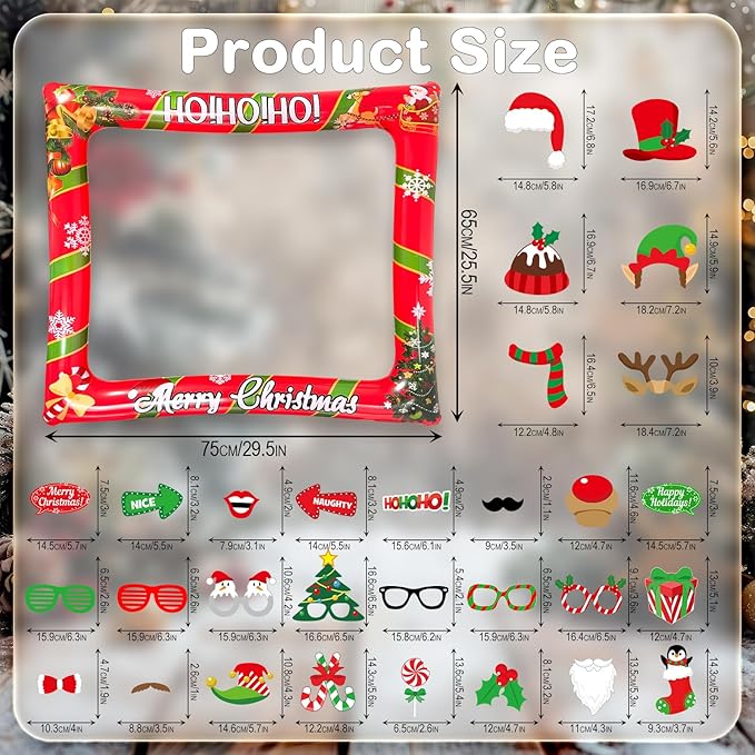 Christmas Photo Booth Props Inflatable Frame, 32Pcs Christmas Party Photo Booth Props with Inflatable Picture Frame Large for Xmas Holiday Party Selfie Supplies